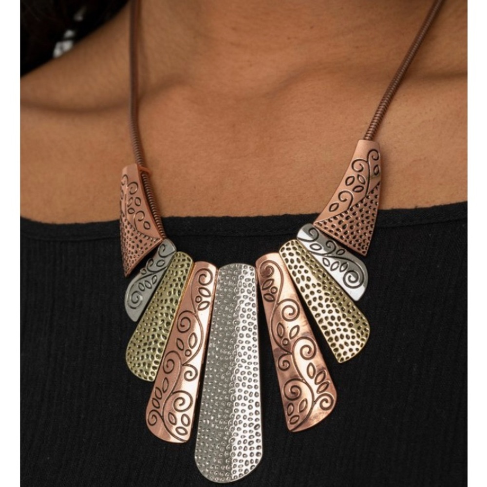 Gold and Silver Textured Fan Necklace with Bib Design